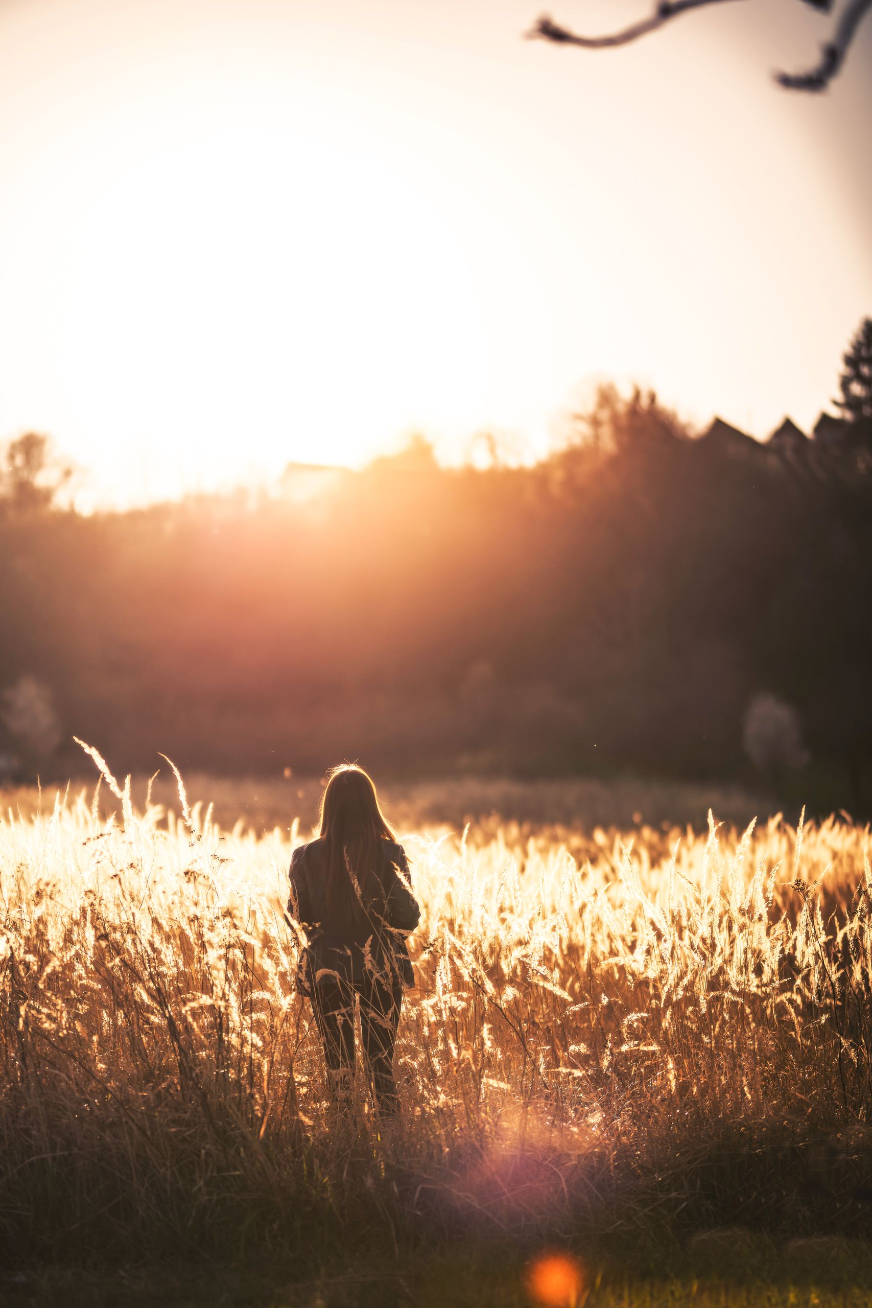 A woman stands in a sunlit field during sunset, creating a serene and warm atmosphere.
